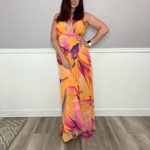 Tropical backless orange and purple maxi dress!